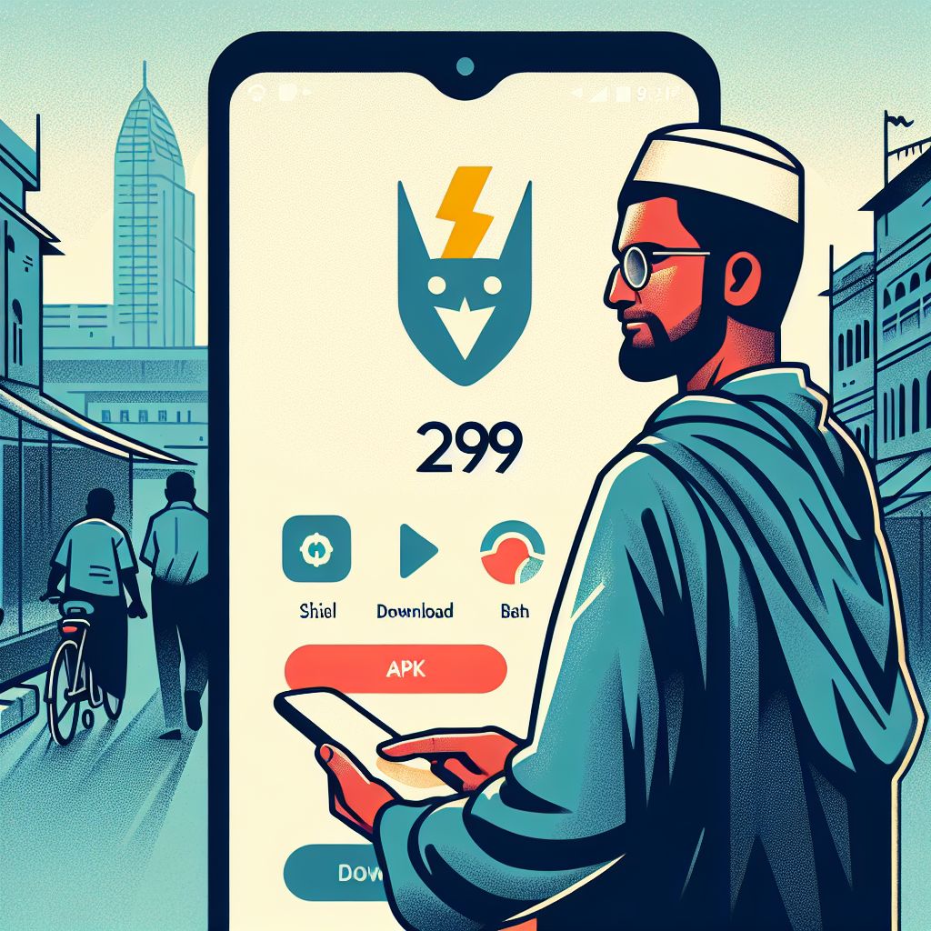 Cartoon character holding an Android phone with 299bat app download screen and Bangladesh-themed elements