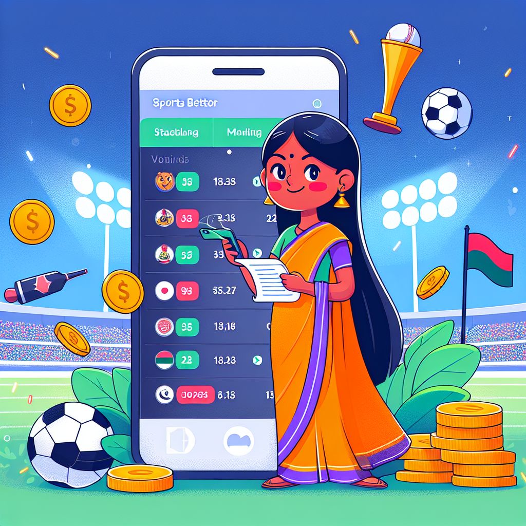 Cartoon sports fan holding a phone with odds and a bet slip, coins and stadium lights in the background