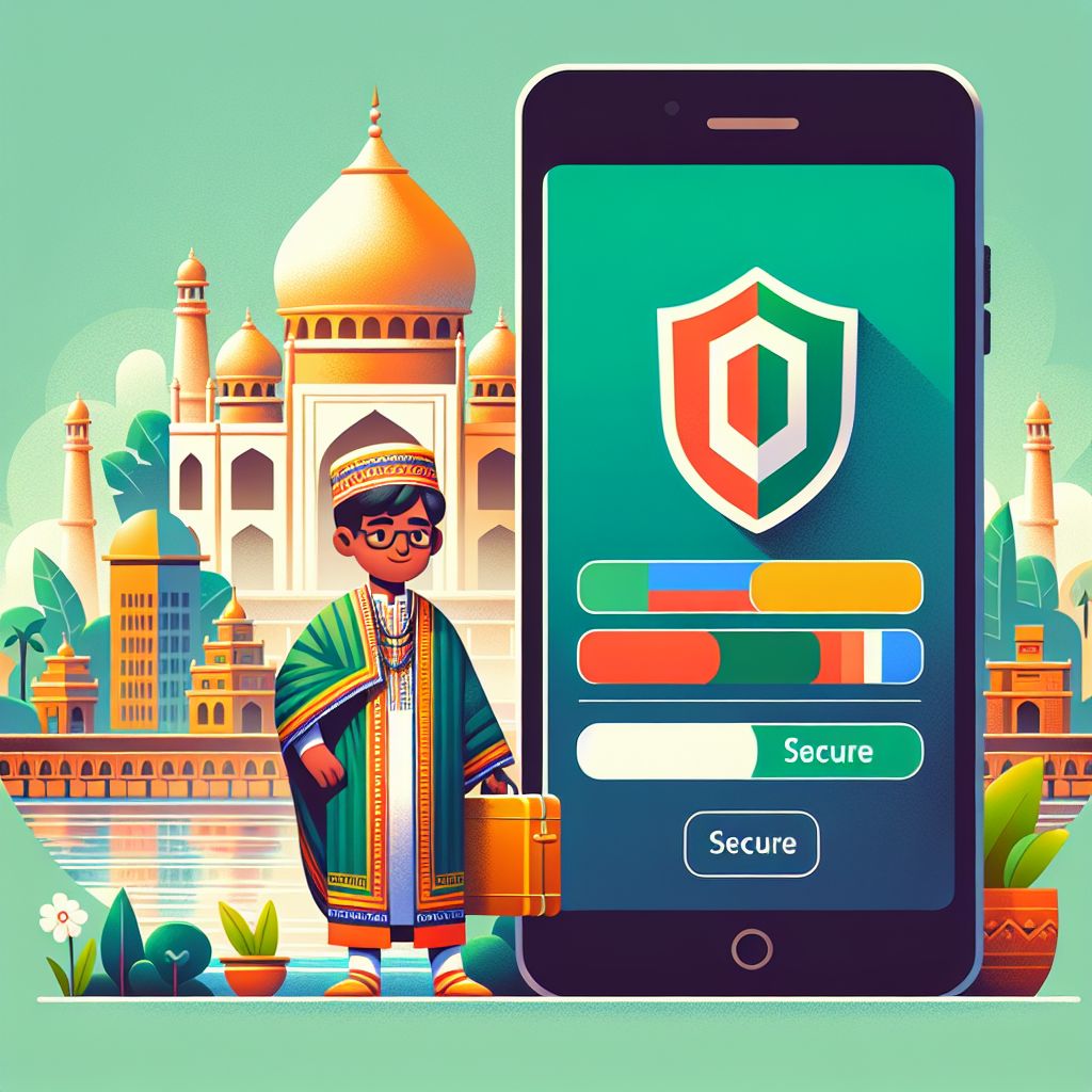 Cartoon character holding a phone with a secure login screen and shield icon