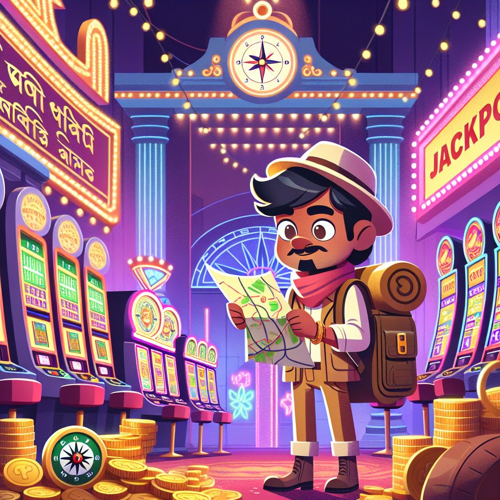 Cartoon slot adventurer holding coins in front of colorful slot reels themed for Bangladesh